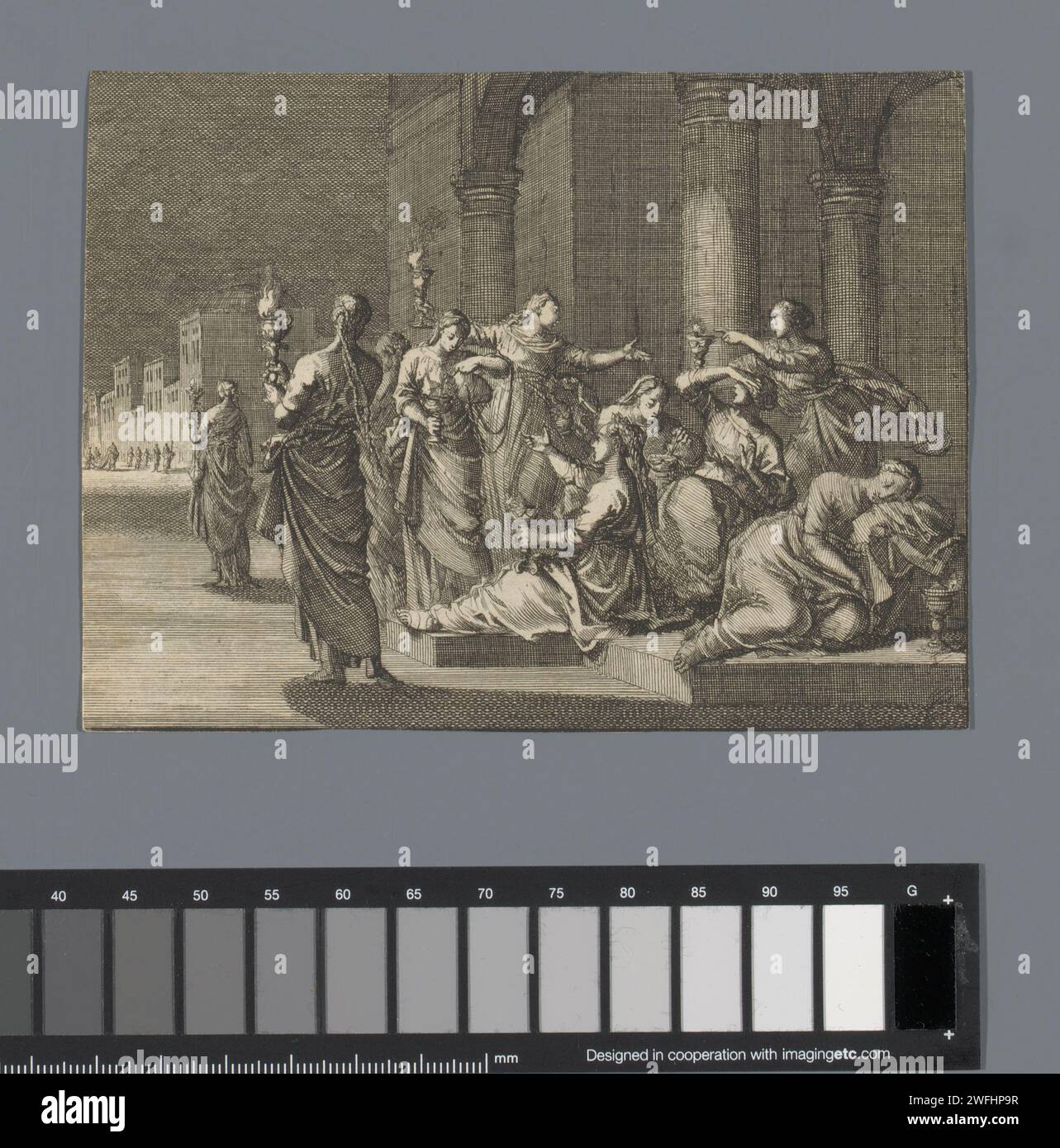 Die fünf weisen und törichten Jungfrauen, Jan Luyken, 1659 - 1712 Druckpapier, das die weisen und törichten Jungfrauen ätzt  Gleichnis von Christus (Matthäus 25,1-13) Stockfoto