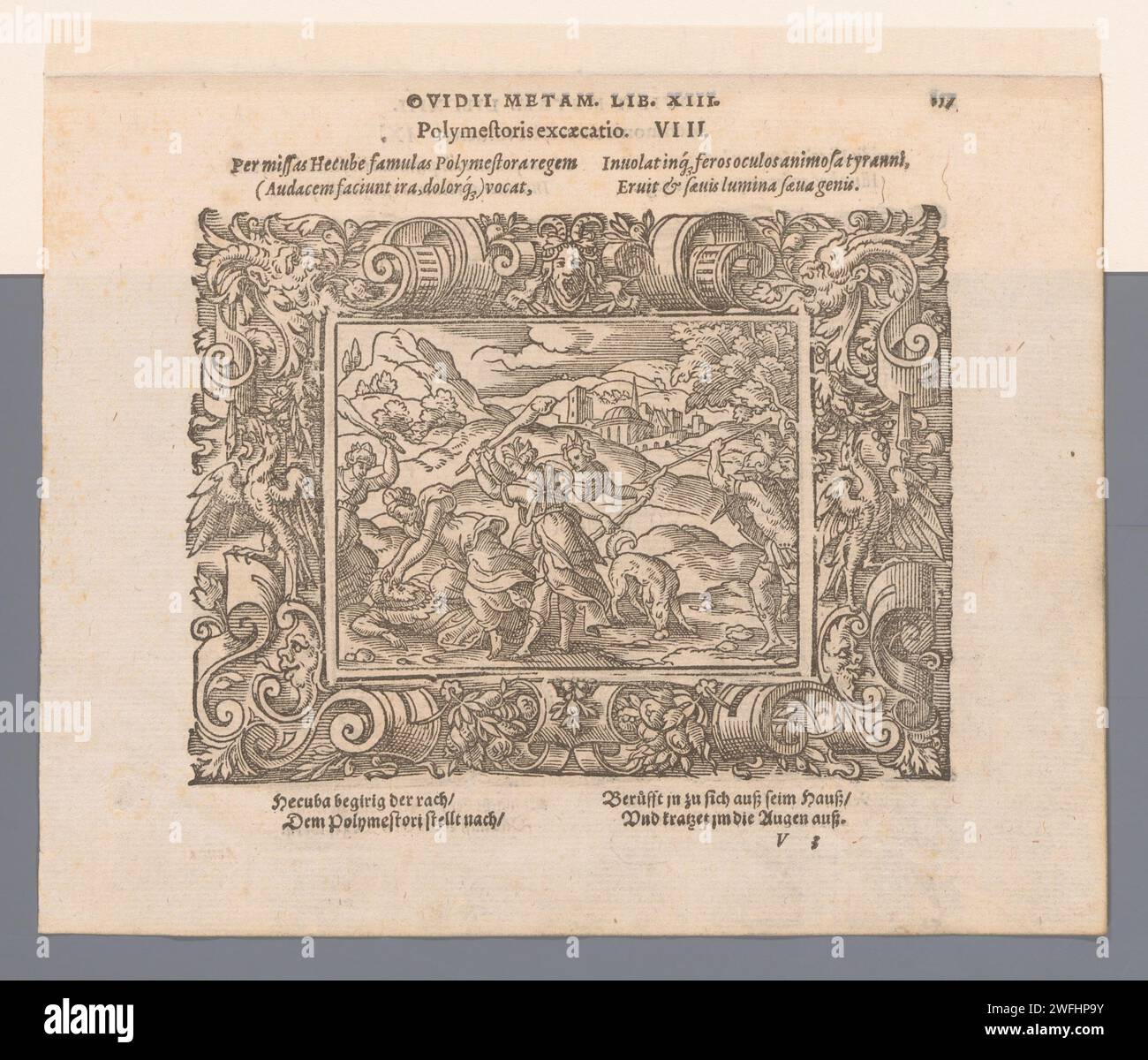 Dood van Polymestor Virgil, 1569 Print Hekuba und die Trojanischen Frauen töten Polymestor. Hekuba ragt aus den Augen von Polymestor hervor. Druckerei: Neurenbergpublisher: Frankfurt am Mainpublisher: Frankfurt am Main Papier Buchdruck Scrollwerk, Strapwork  Ornament. Hecuba reißt Polymnestor die Augen aus und tötet seine beiden Söhne Stockfoto