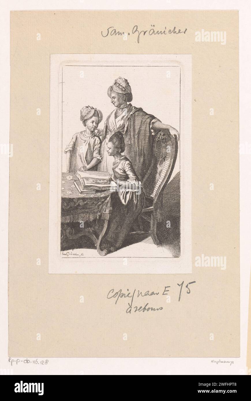 Ehefrau und Kinder von Daniel Nikolaus Chodowiecki, Samuel Gränicher, nach Daniel Nikolaus Chodowiecki, 1768 - 1813 Druckpapier ätzend Mutter und Tochter(n) (Familiengruppe). Messwert Stockfoto