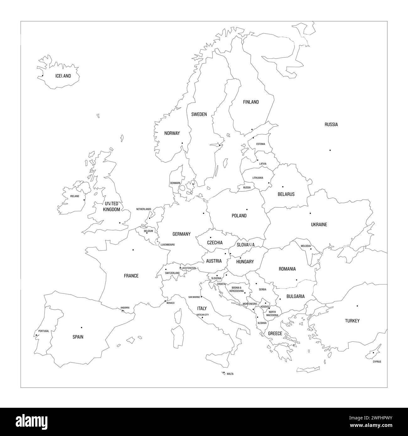 Politische Landkarte Europas. Blaue Vektorkarte mit Hauptstädten europäischer Länder. Stock Vektor