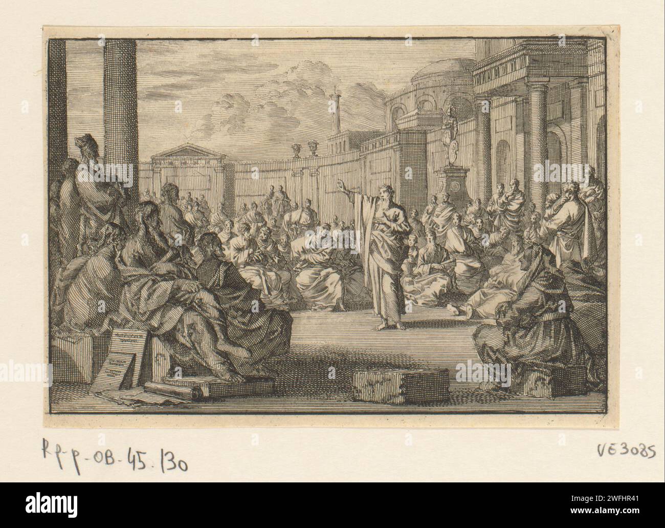 Paul für die Mitglieder des Areopagus in Athen, Jan Luyken, 1703 Print Maker: Haarlem Verlag: Amsterdam Paper Radiching Paul in Athen: Über den Areopag spricht er mit Philosophen (vor dem Marstempel) Stockfoto