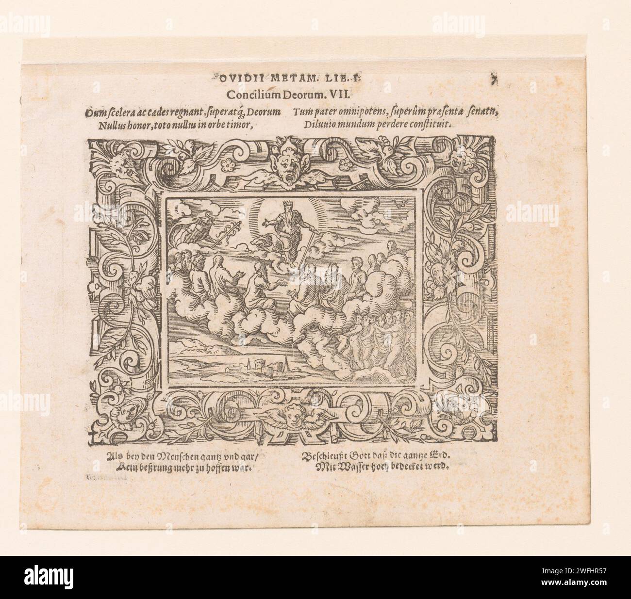 Jupiter bittet die Olympischen Götter um Rat, Virgilius Solis, 1569 Druckerei: Neurenbergpublisher: Frankfurt am Mainpublisher: Frankfurt am Main Buchdruck Jupiter als König des Himmels. Scrollwork, Strapwork  Ornament Stockfoto