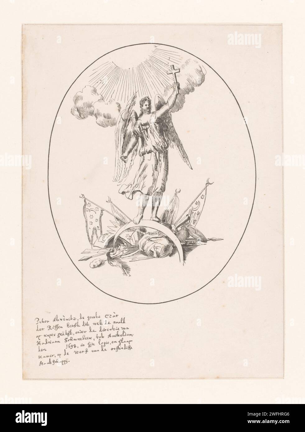 Die Allegorie des Sieges in Asow, Peter I. der große (Zar von Russland), um 1830 - um 1930 Druck Engel auf einem umgedrehten Halbmond stehend, einschließlich Waffen und Fahnen. Unter dem Druck der Text: Peter Alexèwitz, de Groot C'ZAR der Russen ätzte dies mit der Nadel auf Kupfer, unter der Leitung von Hadiaan Schoonebeek, nach Amsteldam, den [...] 1698, in seiner Hütte und seinem Schlafzimmer, auf dem Hof des Oostindisse Maatschappij. Dieser Druck ist auch als Triumph des Christentums über den Islam bekannt. Amsterdam Papier Triumph der Kirche (oder Religion). Engel, die Palmzweige krönt und/oder mitbringen. (Militär-)Flaggen Stockfoto