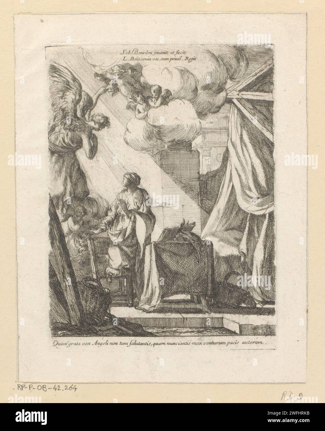 Annanciatia, Sébastien Bourdon, 1626 - 1671 Druckpapier Ätzung der Verkündigung: Maria, die normalerweise liest, wird vom Engel besucht (manchmal hört eine Frau das Gespräch) Stockfoto