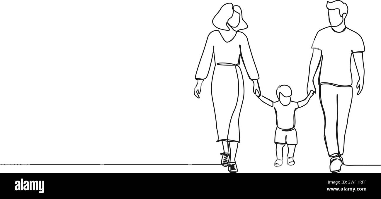 Kontinuierliche einzeilige Zeichnung von Mutter und Vater mit dem Kleinkind, das Hand in Hand geht, Linie Art Vektor Illustration Stock Vektor