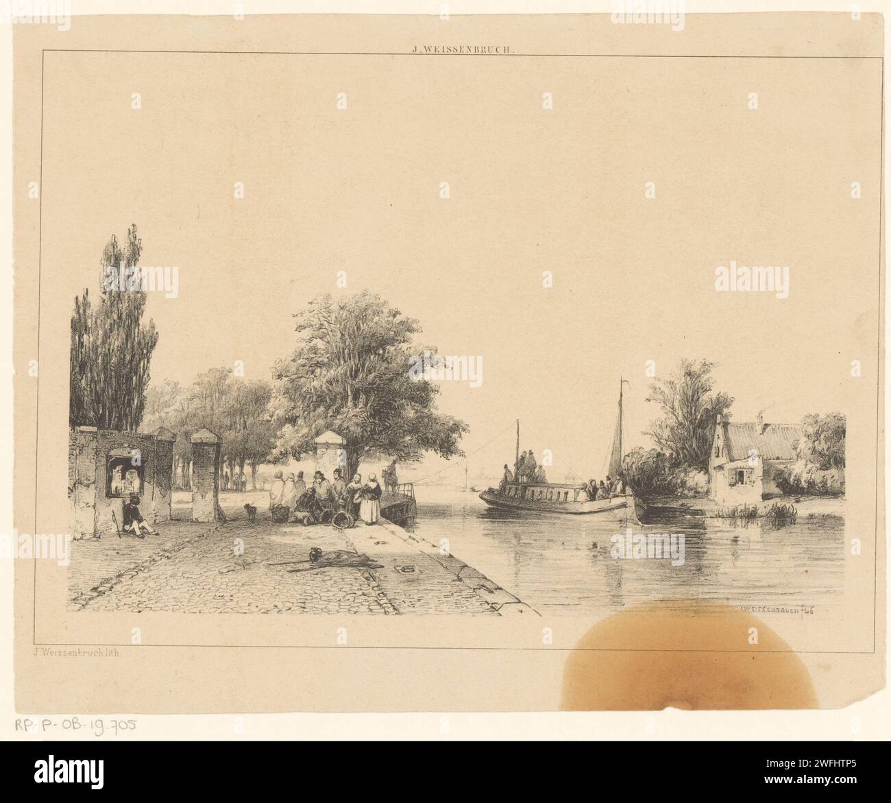 Riviertrazicht, Jan Weissenbruch, 1846 Druckleute auf der Straße neben einem Fluss, auf dem ein Boot segelt. Der Haager Papierfluss Stockfoto