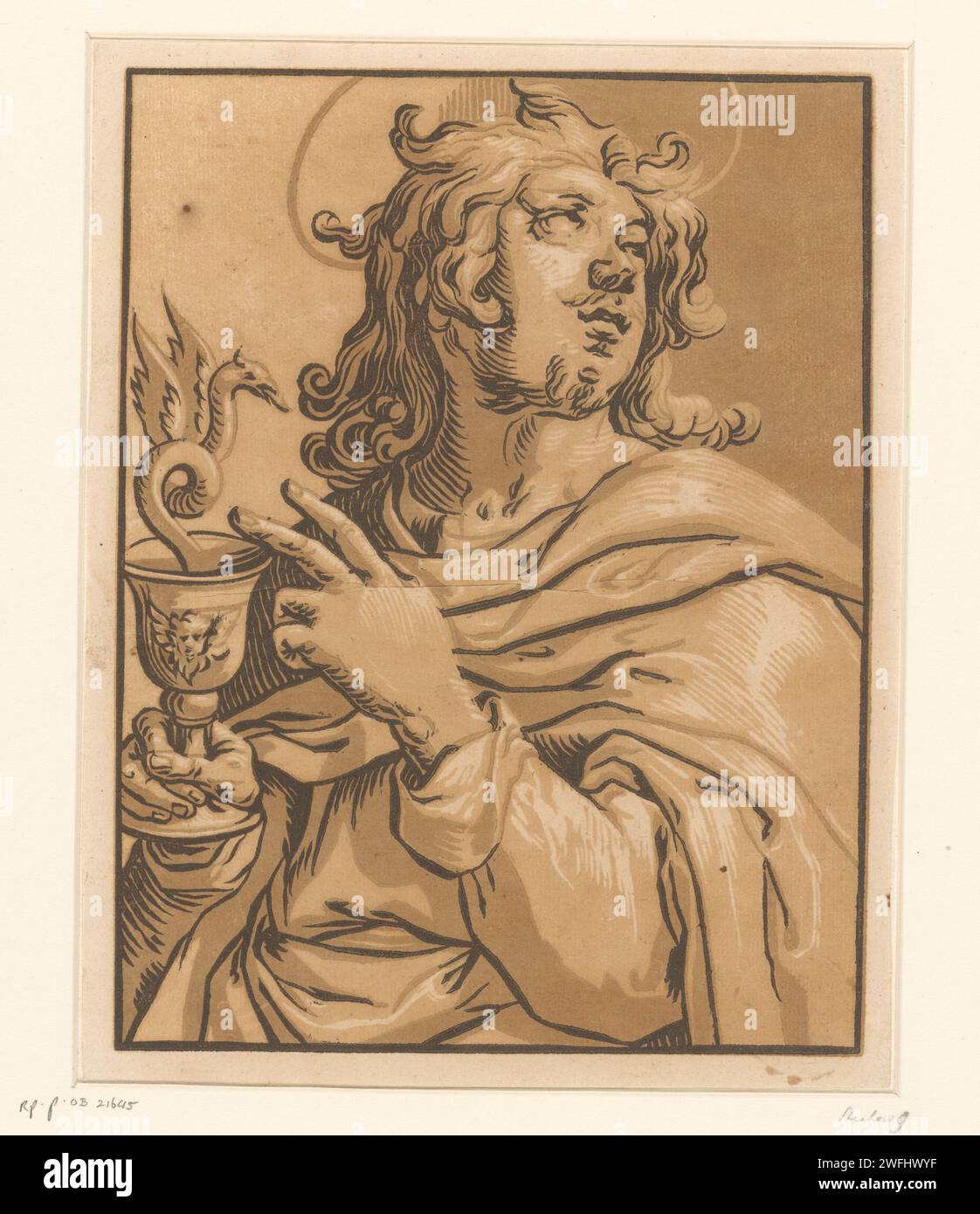 Johannes de Evangelist, Ludwig Büsinck, Georges Lallemand, 1600 - 1669 Druckpapier der Apostel Johannes der Evangelist; mögliche Attribute: Buch, Kessel, Kelch mit Schlange, Adler, Handfläche, Bildlauf Stockfoto