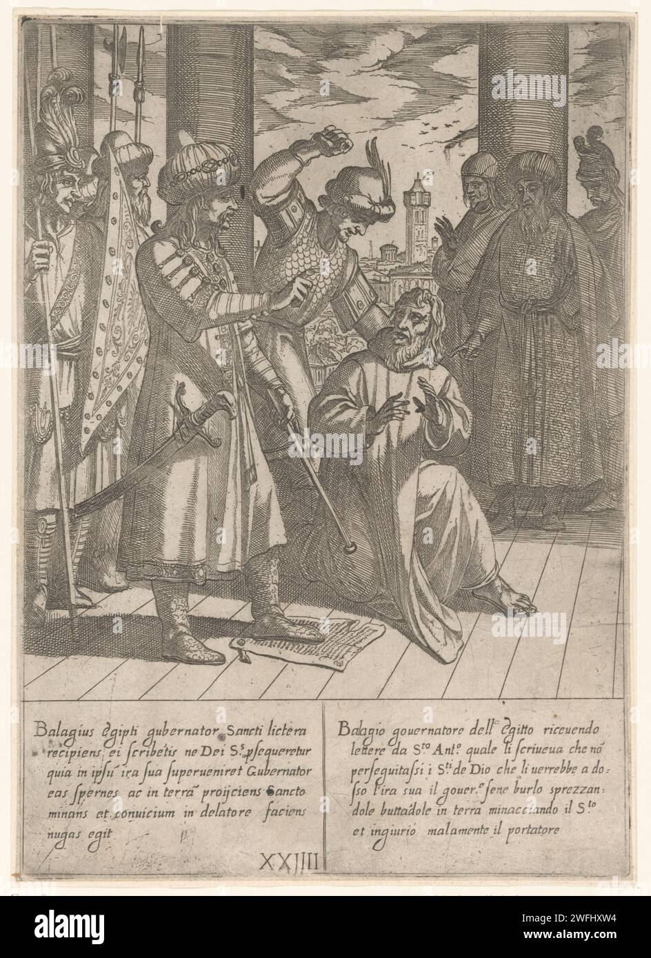 Belagio achtet nicht auf die Bitte von H. Antonius, 1598 Druck Belagio achtet nicht auf die Bitte von H. Antonius, die Christen nicht strafrechtlich zu verfolgen. Belagio ist auf schriftlichen Antrag mit dem Fuß. Ein anderer Mann schlägt H. Antonius. Italienischer und lateinischer Text in zwei Spalten am unteren Rand. Druckerei: Italien Malerei von: Romenach Malerei von: RomeItalienItalienItalienItalienItalienisches Papier, das den Einsiedler Antonius Abt (Antonius Abbas) von Ägypten, auch der große genannt, ätzt; mögliche Attribute: Glocke, Buch, T-förmiger Stab, Flammen, Schwein Stockfoto