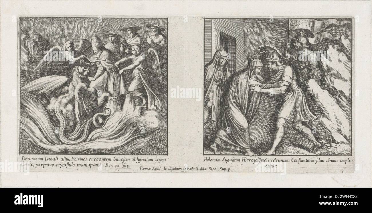 Papst Silvester I. Ketent ein Drache und Konstantin grüßt seine Mutter Pietro Sante Bartoli, nachdem Giulio Romano, 1645–1700 zwei Aufführungen drucken ließ. Links: Papst Silvester I. mit Kardinälen und Engeln in einem Drachen. Rechts: Kaiser Konstantin begrüßt seine Mutter Helena. Titel in STUDMARGE. Druckerei: Italien Design von: Italien Verlag: Rom Papierätzung / Gravur Papst Sylvester I.; mögliche Attribute: Buch, Stier, (geketteter) Drache Stockfoto