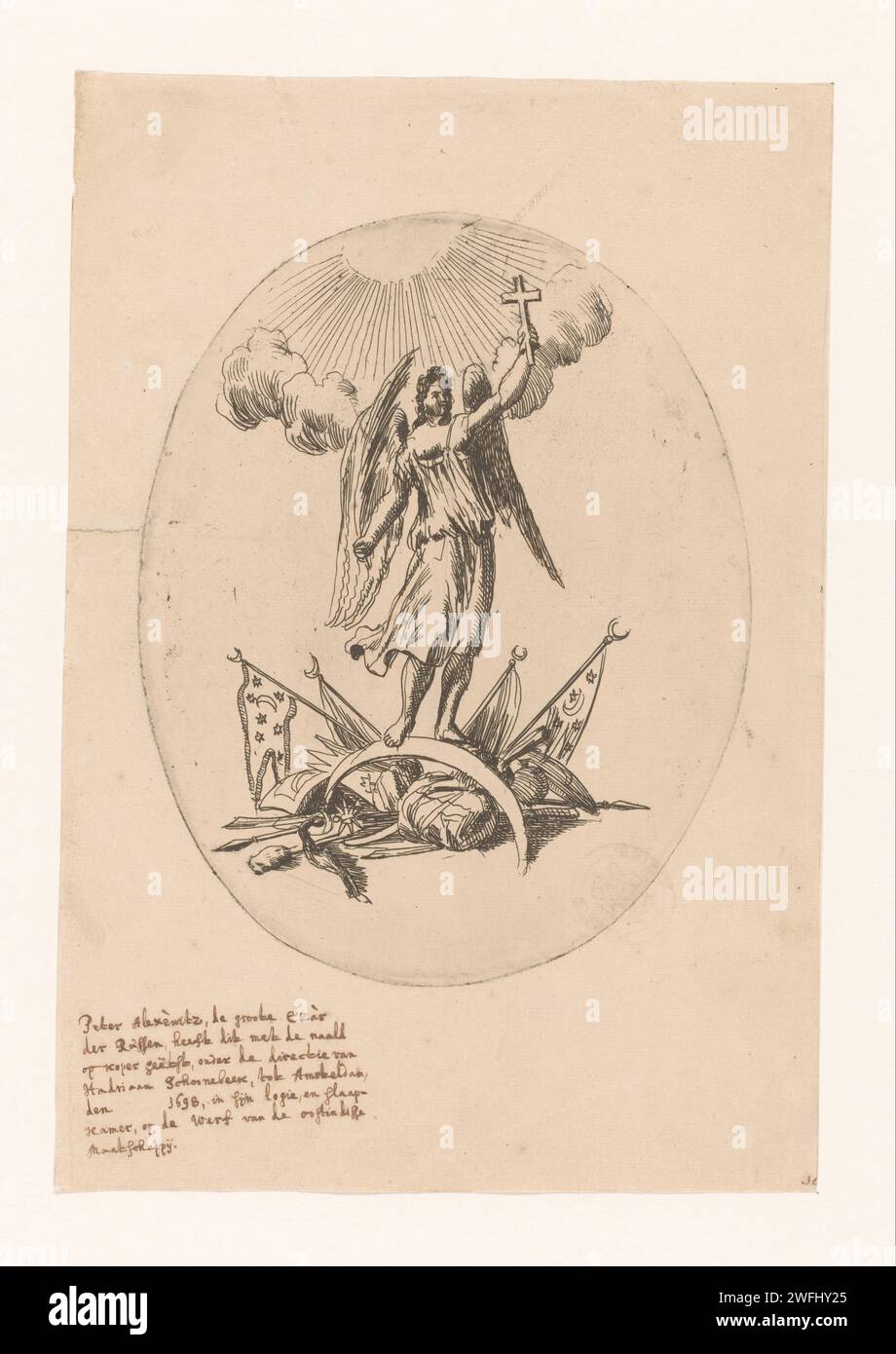 Allegorie des Sieges in Asow, Peter I. der große (Zar von Russland), 1698 Druck Engel stehend auf einem umgedrehten Halbmond, einschließlich Waffen und Flaggen. Dieser Druck ist auch als Triumph des Christentums über den Islam bekannt. Amsterdamer Papier, das den Triumph der Kirche (oder der Religion) sticht. Engel, die Palmzweige krönt und/oder mitbringen. (Militär-)Flaggen und Standards Stockfoto Allegorie des Sieges in Asow, Peter I. der große (Zar von Russland), 1698 Druck Engel stehend auf einem umgedrehten Halbmond, einschließlich Waffen und Flaggen. Dieser Druck ist auch als Triumph des Christentums über den Islam bekannt. Amsterdamer Papier, das den Triumph der Kirche (oder der Religion) sticht. Engel, die Palmzweige krönt und/oder mitbringen. (Militär-)Flaggen und Standards Stockfoto