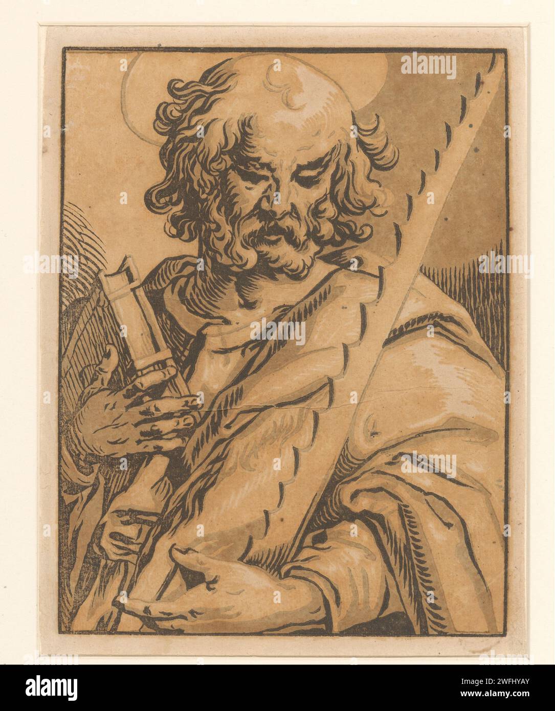 Apostel Simon, Ludwig Büsinck, Georges Lallemand, 1600–1669 Druckpapier der Apostel Simon Zelotes (oder Simon der Kanaaniter); mögliche Attribute: Buch, Säge, Rolle Stockfoto