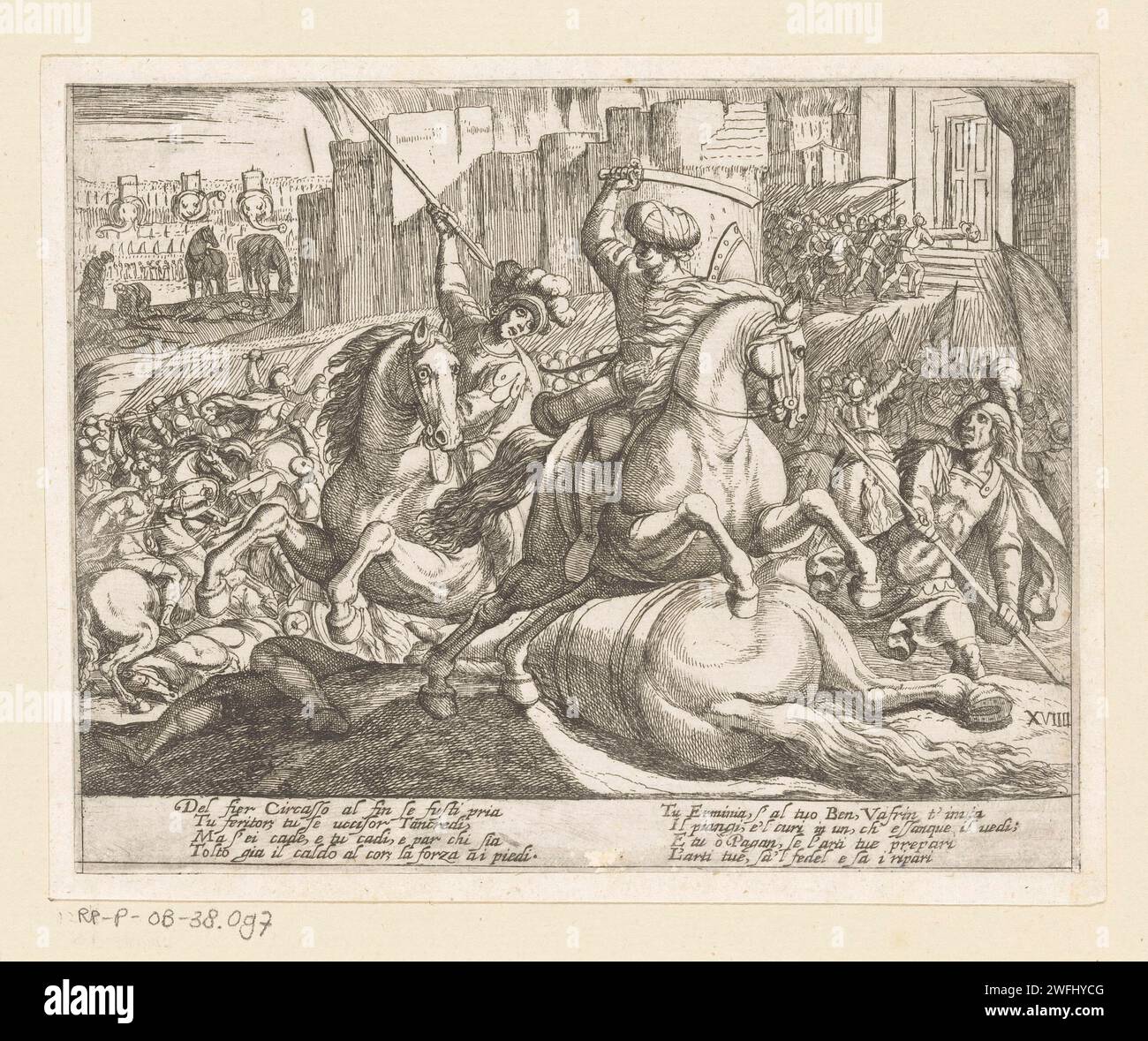 Illustration auf Canto XIX von Tassos „Gerusalemme Liberata“, Antonio Tempesta, 1565 - 1630 Druck Tancredi im Kampf mit Arganten im Vordergrund. Im Hintergrund versuchen christliche Kämpfer, die die Stadttoren Jerusalems zu rammen. Im Hintergrund links eine Armee mit drei Elefanten. Italienische Verse von Tasso in zwei Spalten in Submarge. Druckerei: Italien eigener Entwurf von: ItalienVaticaanstadItalien Papierätzung (Szenen aus) spezifische Werke der Literatur: Tasso, Gerusalemme Liberata. ritter. Militante Missionierung: Religiöser Krieg, Kreuzzug usw. Kampf gegen Jerusalem Stockfoto