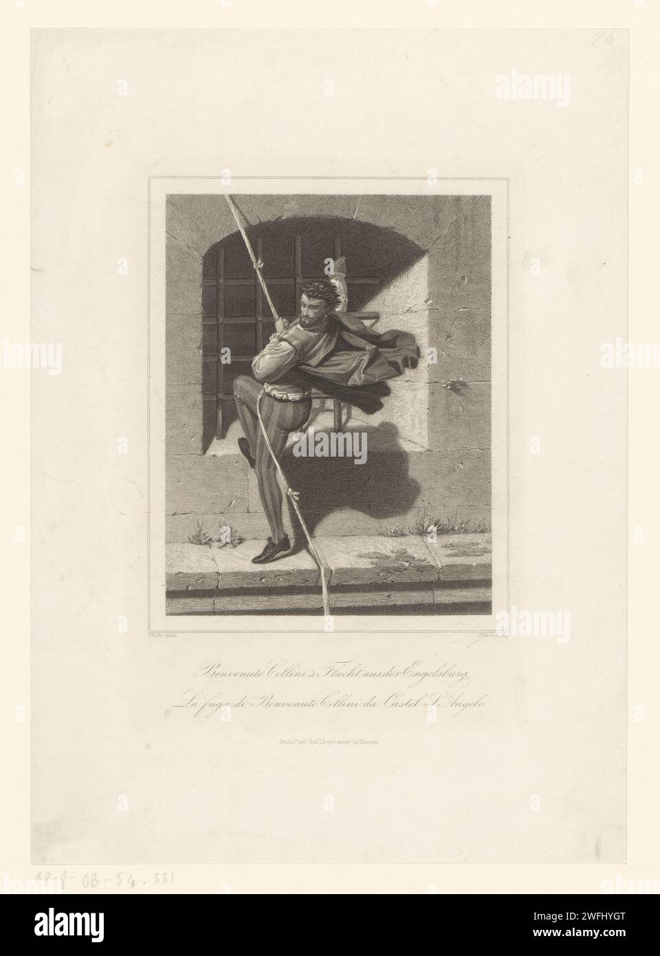 Benvenuto Cellinis Flucht aus der Engelenburcht, A. Simon, nach Karl Theodor Piloty, 1800–1899 Druck trauriges Papier Stahlstich Gefängnis, Gefängnis. Flucht, Fluchtversuche Stockfoto