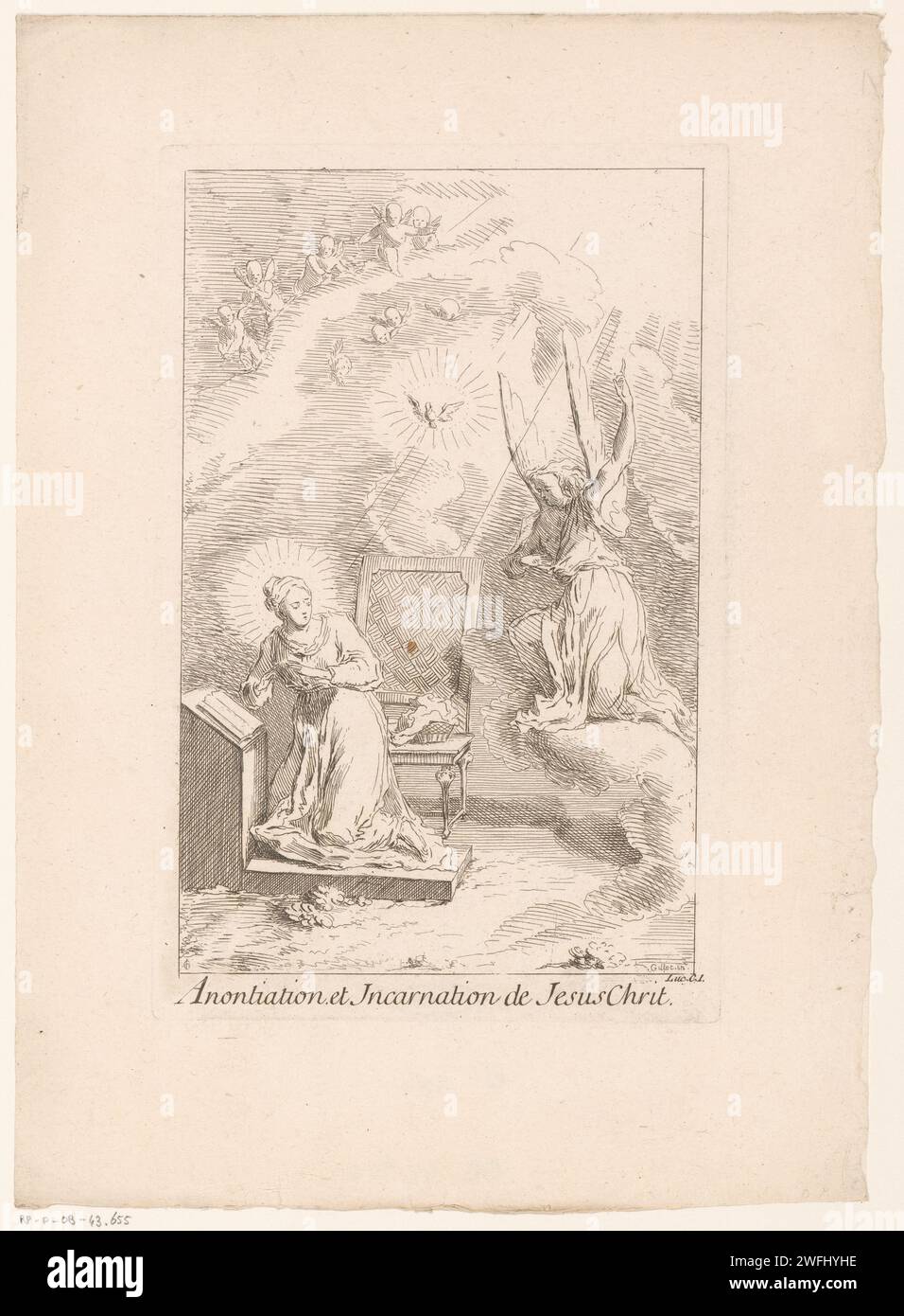 Annunciatie, Gabriel Huquier, nach Claude Gillot, 1705 - in oder vor 1732 Print Maker: Parisprint Maker: FranceAfter Design by: Francepublisher: Parispublisher: ParisFrance Papier ätzend die Verkündigung: Mary, normalerweise liest, wird vom Engel besucht (manchmal hört eine Frau das Gespräch) Stockfoto