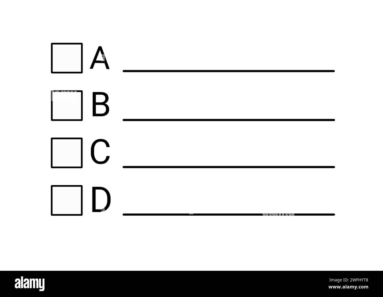Mehrfacher Auswahltest mit 4 Antwortmöglichkeiten A, B, C, D. Bildung, Schule, Abbildung der Untersuchung Stockfoto