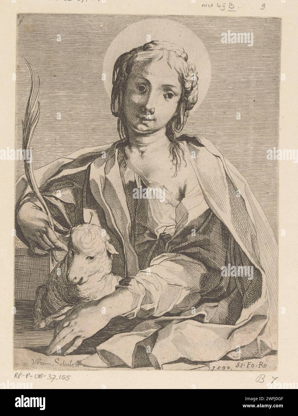 Von Heilige agnes, vatura salimbeni, 1590 Druck Italien Papier, das den Jungfrau-Märtyrer Agnes von Rom ätzt; mögliche Attribute: Lamm, Ring Stockfoto