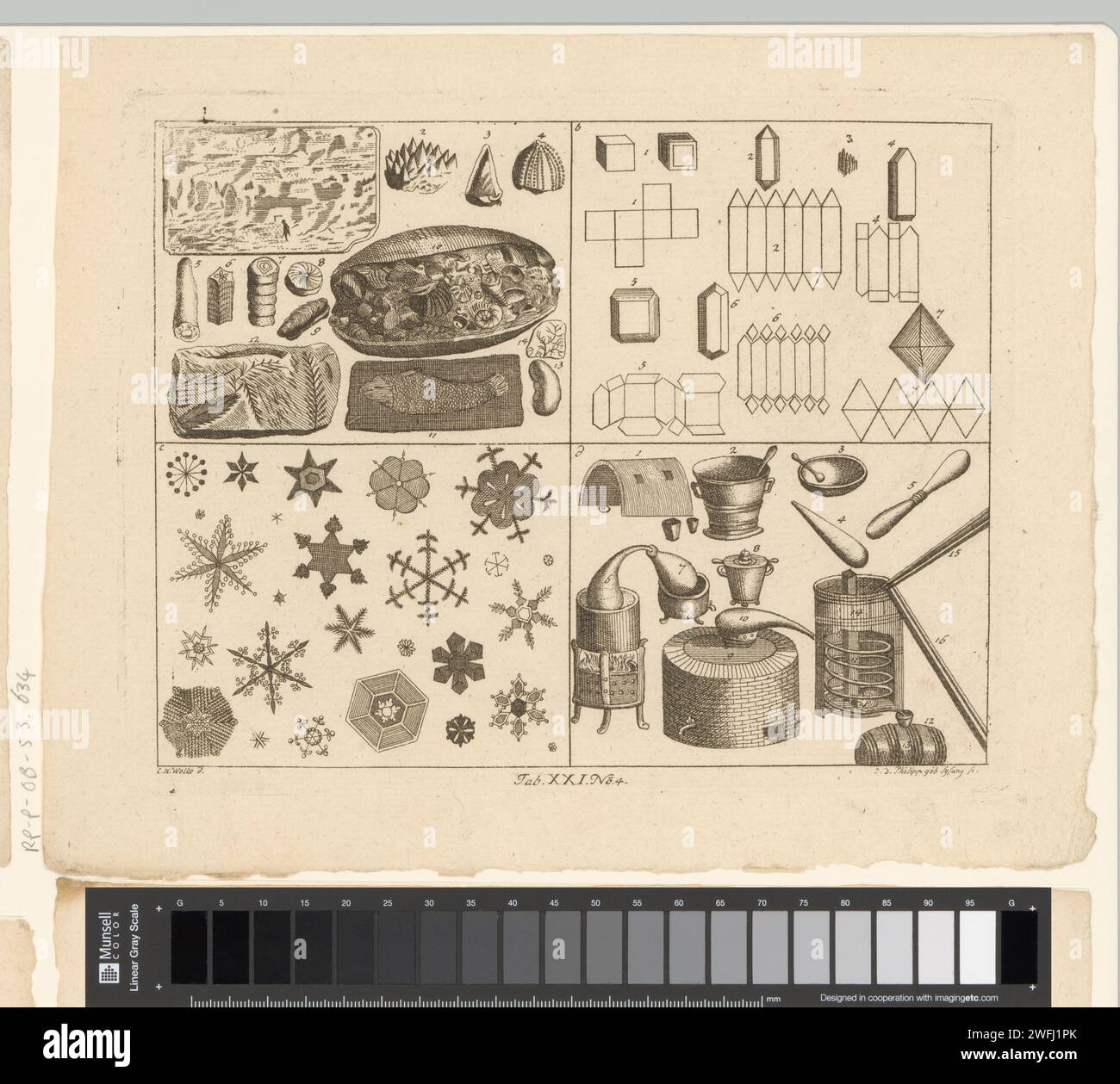 Enzyklopädische Darstellung von Fossilien, Geometrie, Eiskristallen und Öfen, Johanna Dorothea sysang, nach Christian Heinrich Wolke, 1774 Druckpapier-Ätzphysik. Eis  Zustand des Wassers. Fossile Tiere. Feuer, Ofen, Ofen  Inneres der industriellen Struktur Stockfoto