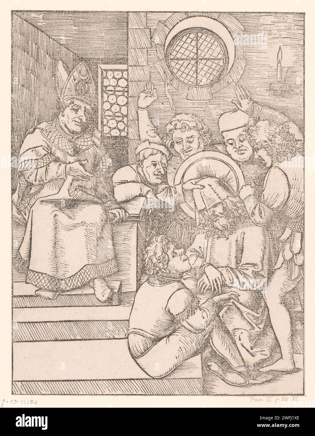 Christ for Kajafas, Anonym, Hans Wechtlin (I), 1490 - 1526 Druckpapier Christ vor dem Sanhedrin mit Kaiphas als Hohepriester und möglicherweise Annas; vielleicht ein Soldat, der Christus schlagen will, weil er schweigt (Matthäus 26:57-66; Markus 14:53-64; Lukas 22:54, 22:66-71) Stockfoto