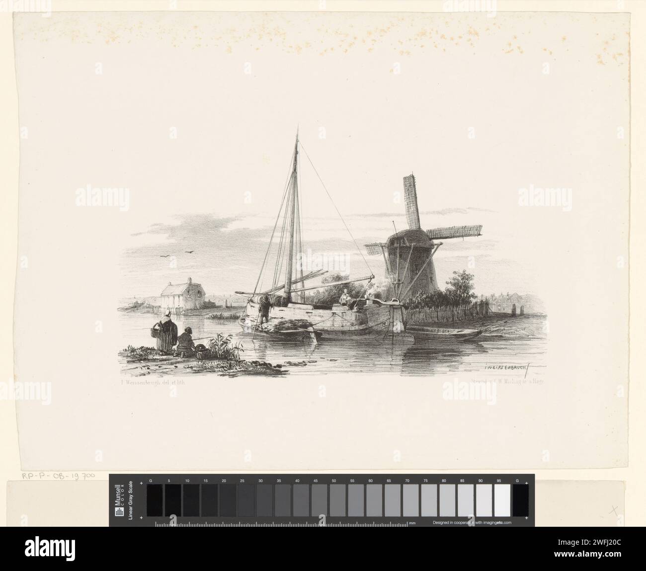 Blick auf das Segeln mit Torfkahn und Segelboot, Jan Weissenbruch, 1847 - 1865 Drucken Sie Einen Torfkahn und ein Segelboot auf einem Kanal mit einem Haus und einer Mühle am Ufer. Im Vordergrund eine stehende Frau und kniende Figur. Der Haager Papierkanal. Segelschiff, Segelboot Stockfoto