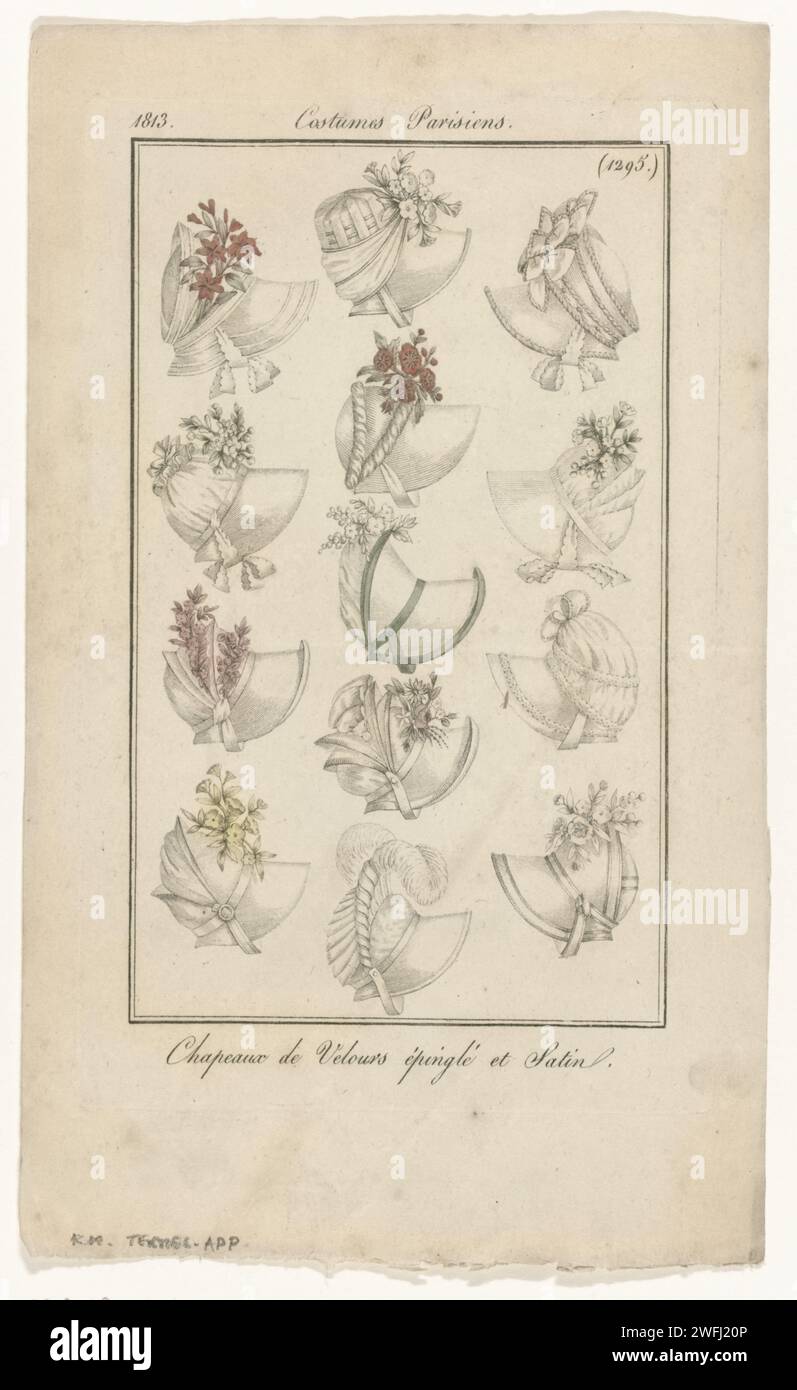 Journal of the Ladies and Fashion, Pariser Kostüm, 1813, (1295): Hüte aus Samt (...), Anonym, 1813 Dreizehn verschiedene Hüte aus Velor's Epingle (Samt) und Satin. Der Druck ist Teil des Modemagazins Journal des Dames et des Modes, herausgegeben von Pierre de la Mésangère, Paris, 1797–1839. Pariser Papiergravur von Modetafeln. Blumen. Kopfbedeckung: Hut (+ Damenbekleidung). Kopfbedeckung: Hut (+ Damenbekleidung) Stockfoto