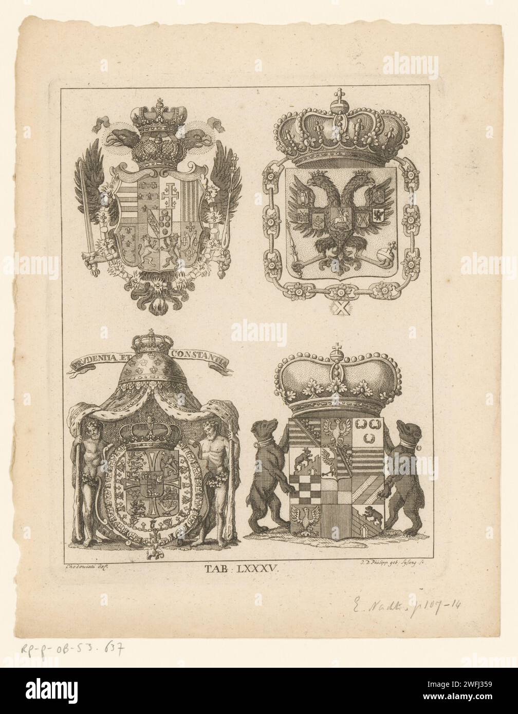 Vier Familienwapens, Johanna Dorothea Sysang, nach Daniel Nikolaus Chodowiecki, 1774 Druckpapier mit Wappenschild, Heraldik Stockfoto