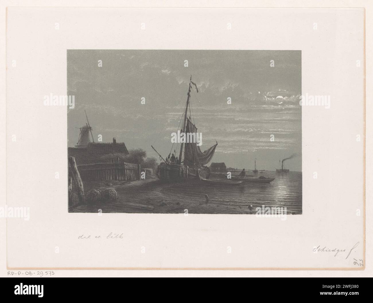 Das Segelschiff Petrus Paulus Schiedges (I) auf dem trockenen Mondlicht 1852 ist ein Segelschiff auf der Uferseite. Schiffe segeln auf dem Wasser und im Hintergrund. Linke Häuser und im Hintergrund eine Mühle. Das Haager Papier Segelschiff, Segelboot. Flussufer Stockfoto