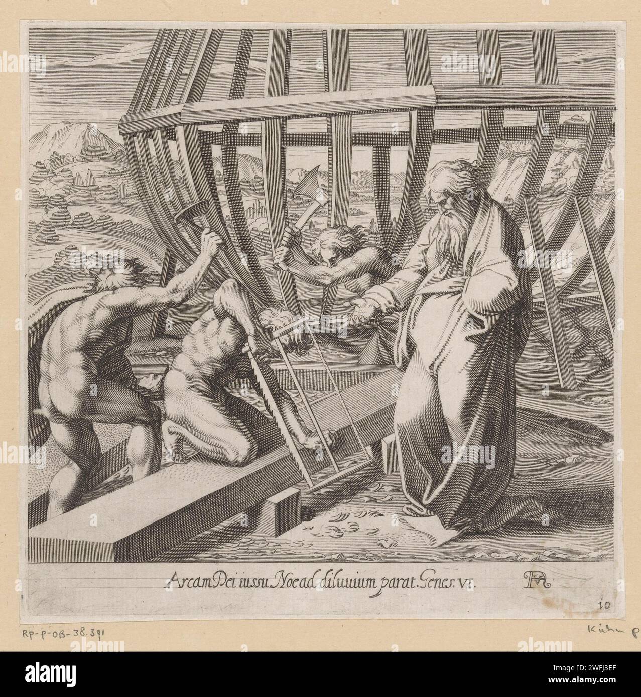 Söhne von Noah bauen die Arche, Francesco Villamena, nach Rafaël, 1626 gedruckt unter der Aufsicht von Noah, seinen Söhnen de Arche. Unten rechts nummeriert: 10. Hinweis auf Bibeltext in STUBMEP. Druckerei: ItalienFter Malerei von: Vatikanstadt Papiergravur / Ätzung des Gebäudes der Arche und der Einschiffung (1. Mose 7:5-9) Stockfoto