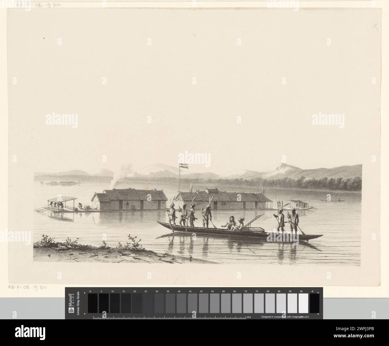 Blick auf einen See mit Booten, Jan Weissenbruch, 1832 - 1880 mehr drucken mit Häusern in der Mitte mit niederländischer Flagge. Im Vordergrund werden zwei Personen in einem Boot transportiert. Der Haager Papiersee. Boot, das von Mensch oder Tier angetrieben wird Stockfoto