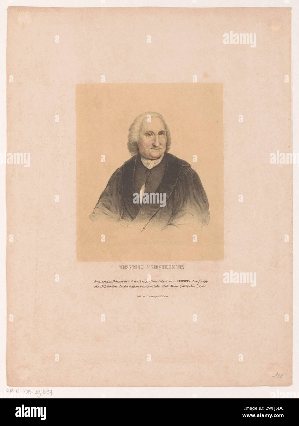 Porträt von Tiberius Hemsterhuis, Leendert Springer (I), um 1850 Druck unter dem Porträt die biographischen Daten der porträtierten Person. Leiden Paper Historical Persons Stockfoto