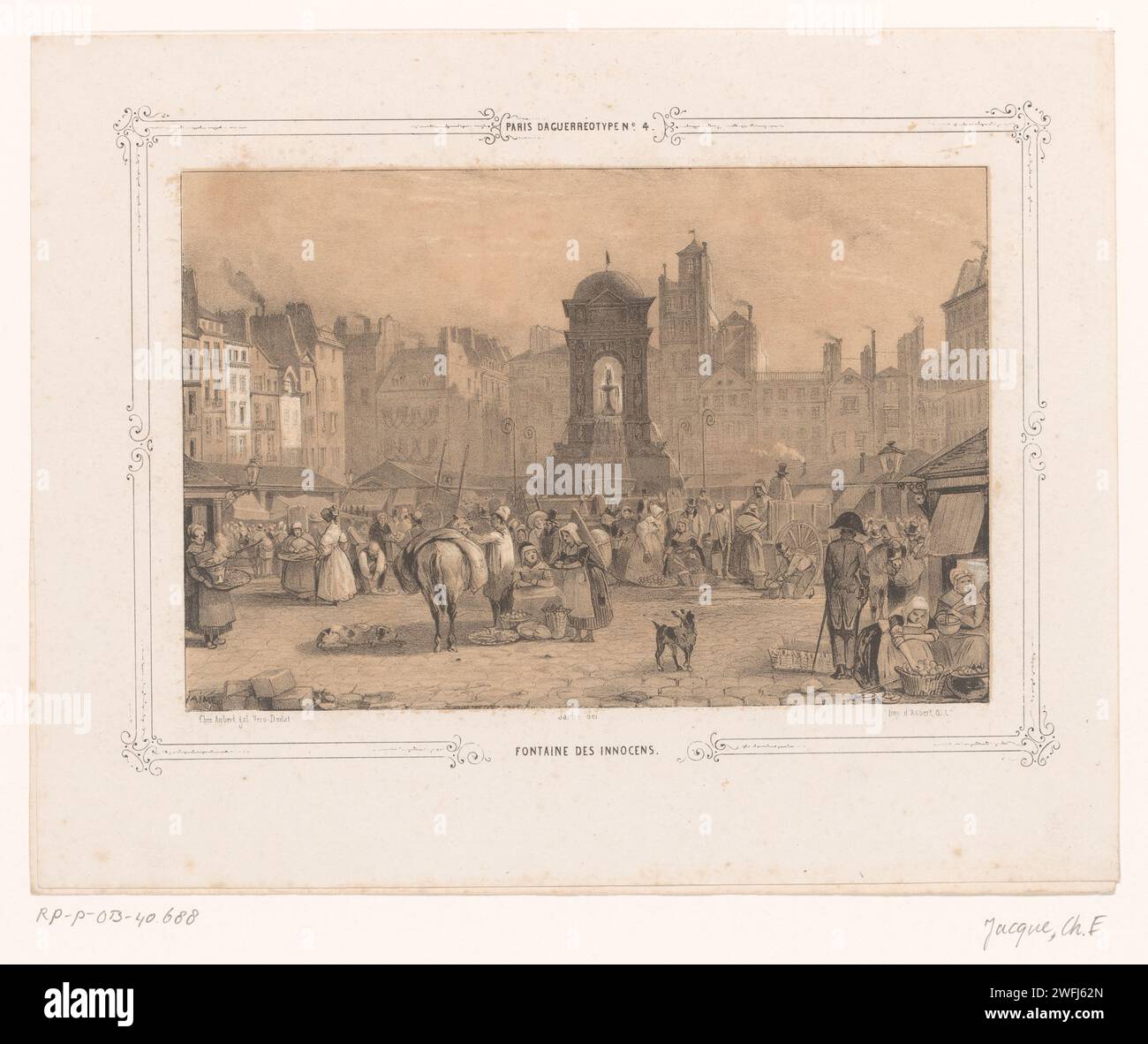 Blick auf die Fontaine des Innocent in Paris, Ernest Jaime, 1840 - 1842 Druck oben: 4. Drucker: Parispublisher: Parispublisher: Amsterdam Papier Buchdruck ornamentaler Brunnen (+ Stadt(-Landschaft) mit Figuren, Personal). Platz, Ort, Zirkus usw. (+ Stadt (-Landschaft) mit Zahlen, Personal). Market Innocent Fountain Stockfoto