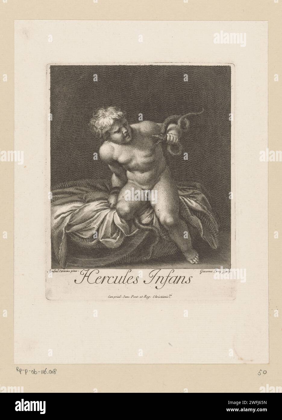 Herkules als Kind in de Wurgt Schlangen, Jakob Frey (I), nach Annibale Carracci, 1691–1752 Druck VATIKANSTADT Papierstich Herkules erwürgt zwei Schlangen in seiner Wiege Stockfoto