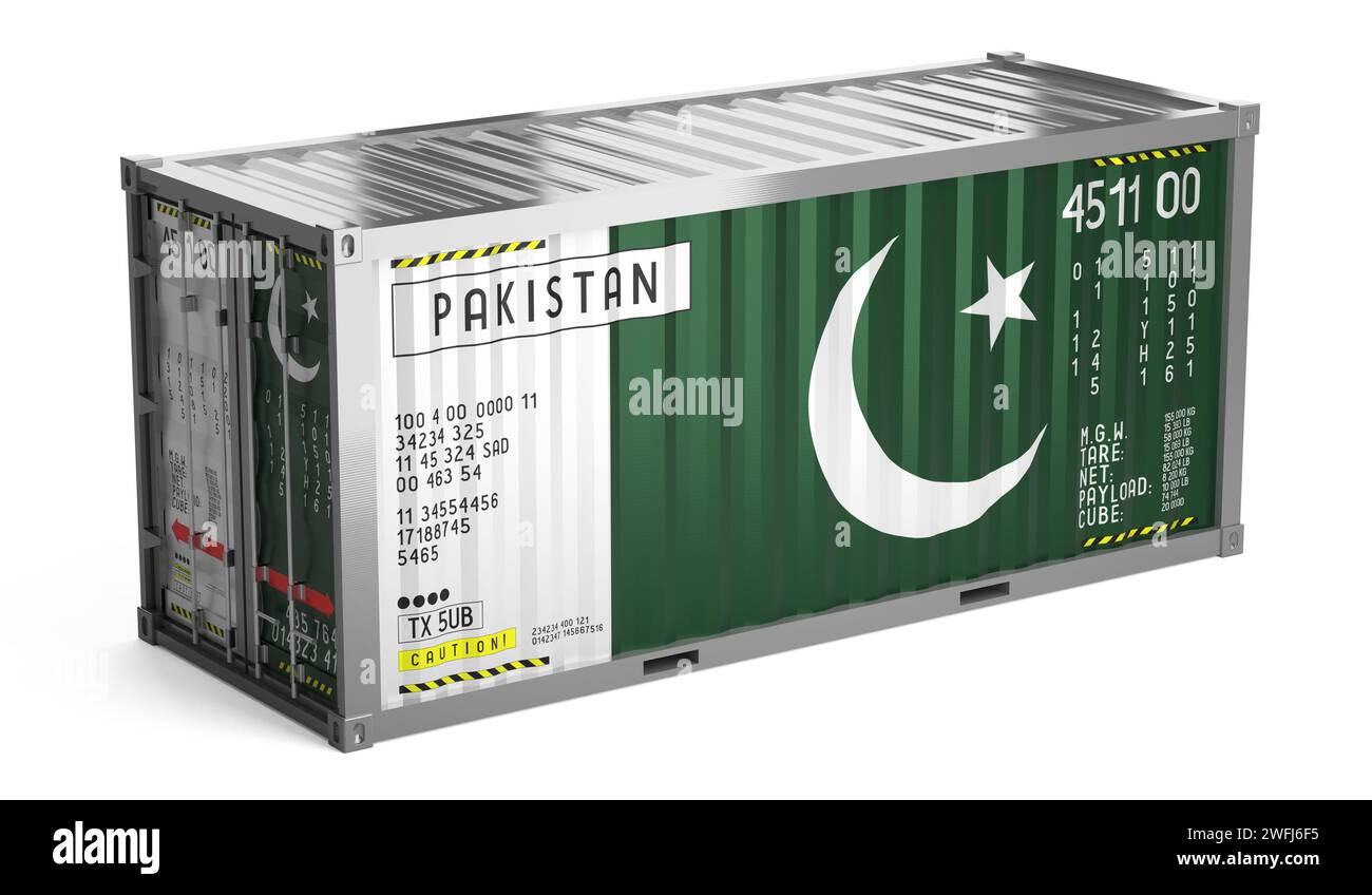 Frachtcontainer mit Nationalflagge Pakistans auf weißem Hintergrund - 3D-Illustration Stockfoto