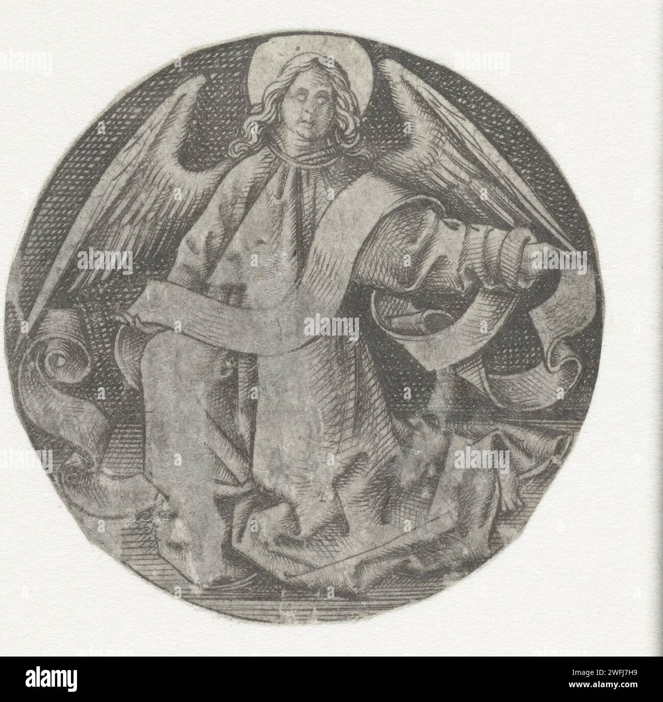 De vier evangelistische Symbole, Israhel van Meckenem, nach Martin Schongauer, 1455–1503 drucken vier runde Darstellungen der evangelistischen Symbole: Der Engel des Matthäus, der Adler des Johannes, das OS des Lucas und der Löwe von Markus. Kopien der evangelistischen Symbole von Martin Schongauer. Diese Bilder wurden ausgeschnitten und somit ihrem ursprünglichen Kontext entnommen: Einer Serie von acht Blättern mit sechs runden Mustern für Goldschmiede. Auf der Zeitschrift, zu der diese evangelistischen Symbole gehörten, gab es auch Darstellungen des Lammes Gottes und der Heiligen Veronika mit Petrus und Paulus. Bocholt (Deutschland) Papier Stockfoto