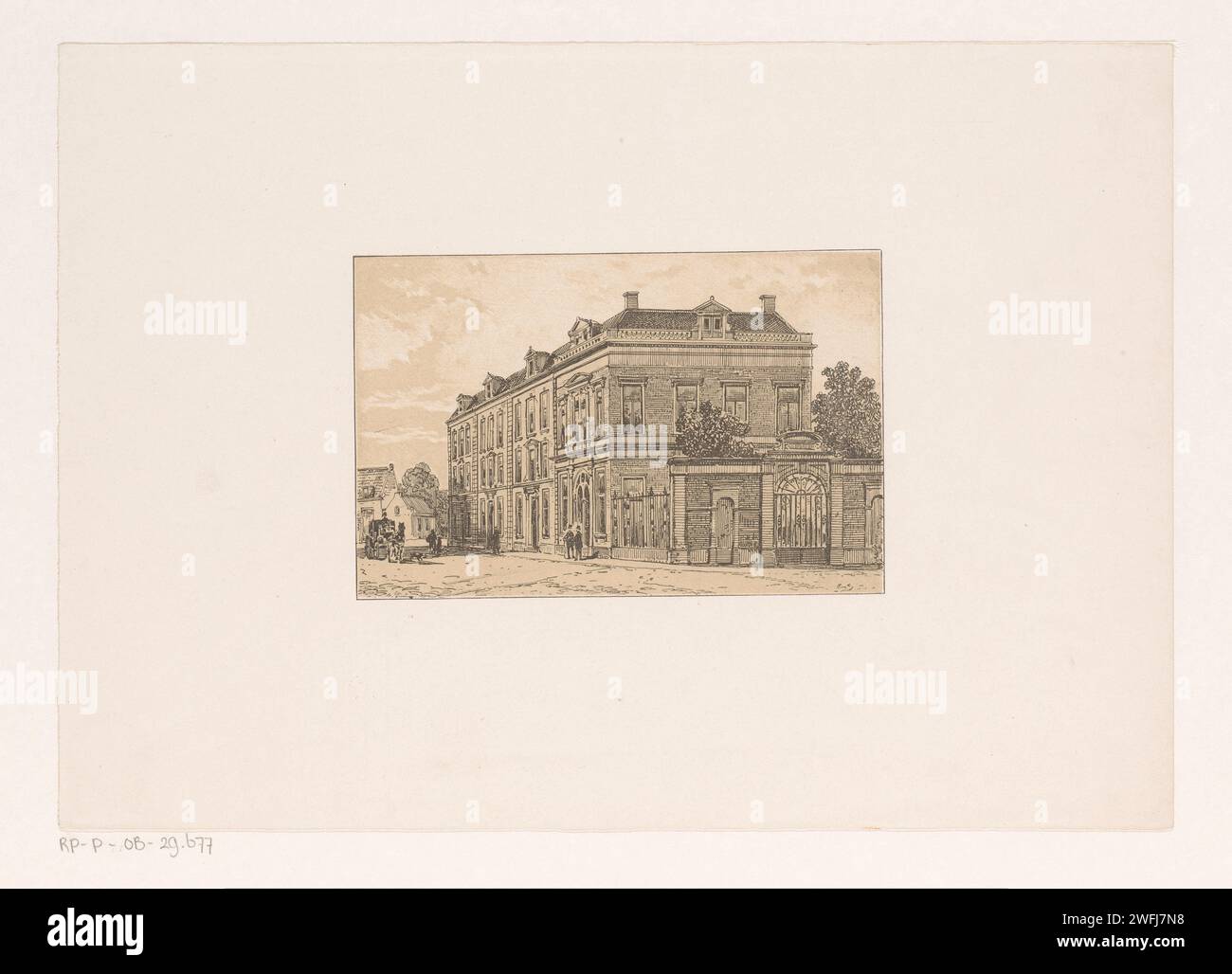 Häuserblock aus dem 18. Jahrhundert, Cornelis Springer (möglich), 1827 - 1891 Druckleute und ein Pferd mit Kutsche auf der Straße in einem Häuserblock aus dem 18. Jahrhundert. Niederlande Papiergehäuse Stockfoto