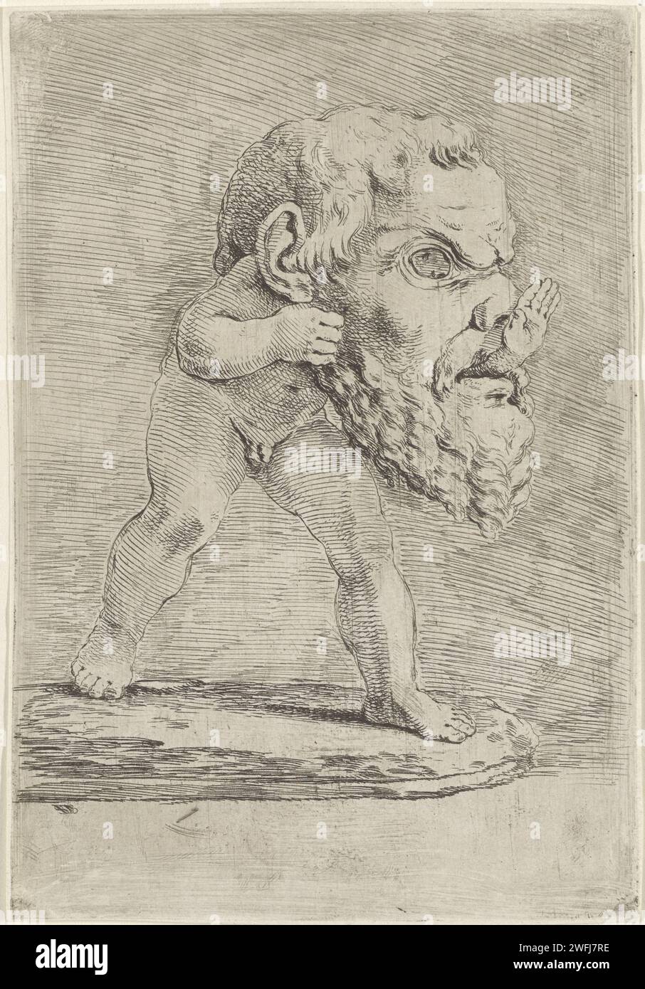 Putto mit einer großen Maske auf dem Kopf, Stefano della Bella, 1620–1664 Druckpapier mit Ätzung Cupids: 'Amores', 'Amoretti', 'Putti'. Maske Stockfoto