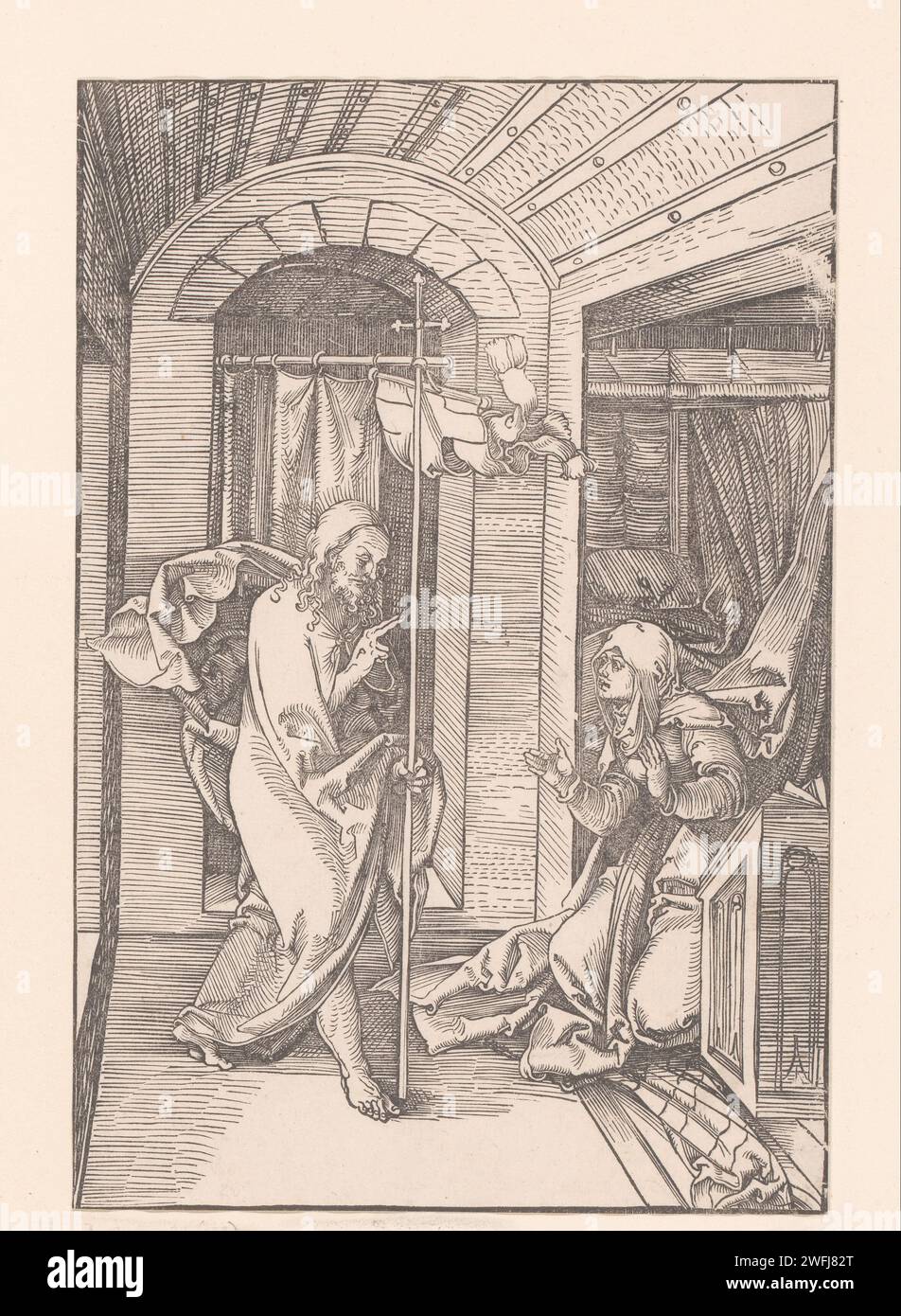 Christus erscheint seiner Mutter, Anonym, Hans Schäufelein, 1506–1507 Druckpapier Christ, vielleicht als Pilger gekleidet, erscheint seiner Mutter, die gewöhnlich betend gezeigt wird Stockfoto