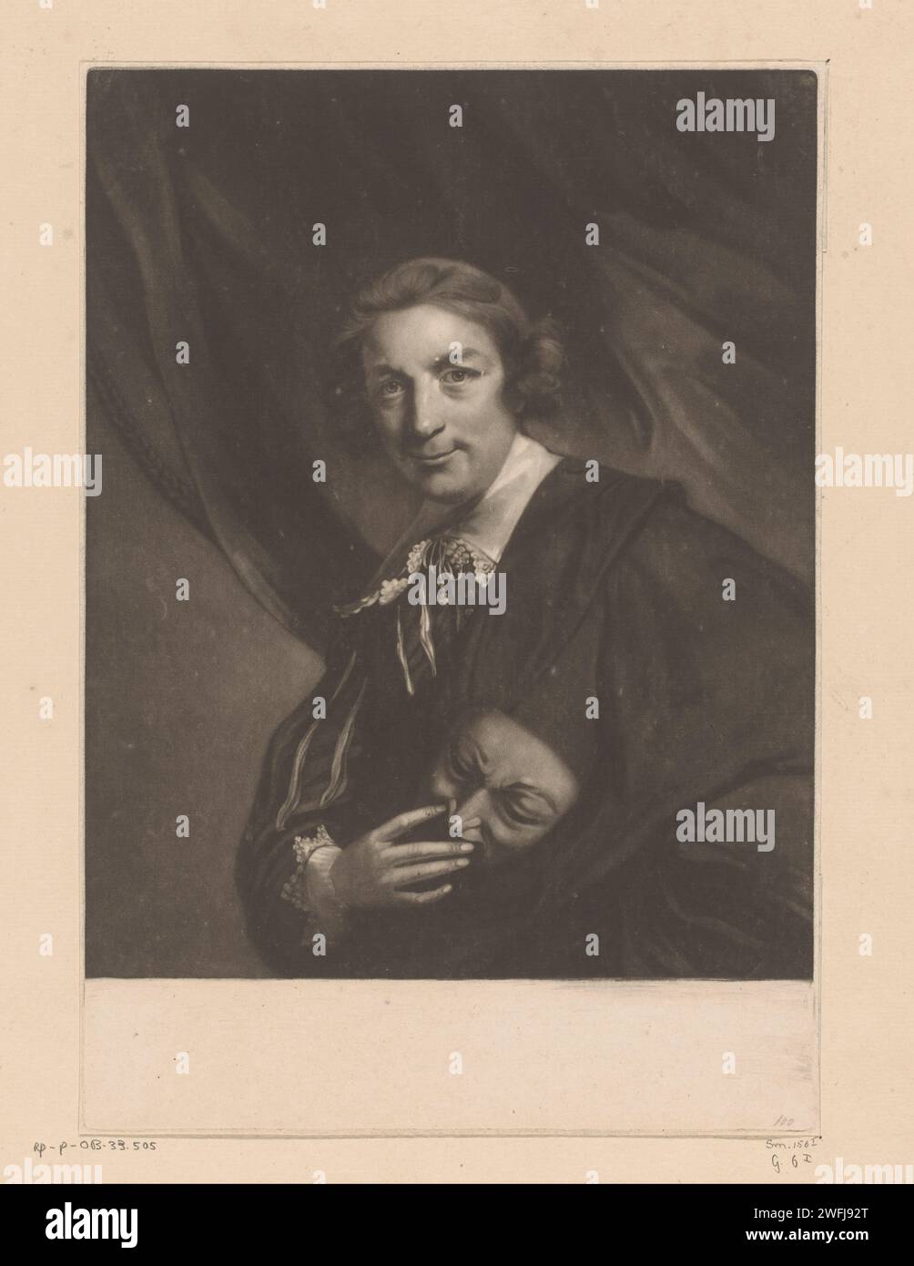 Portret van Henry Woodward, James Watson (Prentmaker), nach Joshua Reynolds, ca. 1765 - ca. 1771 Druckpapier historische Personen. Porträt des Schauspielers, der Schauspielerin. Maske Stockfoto