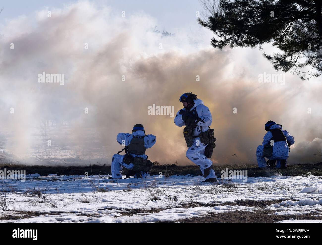 Ukrainische Soldaten bei militärischen Übungen im Zhytomyr-Gebiet. Stockfoto