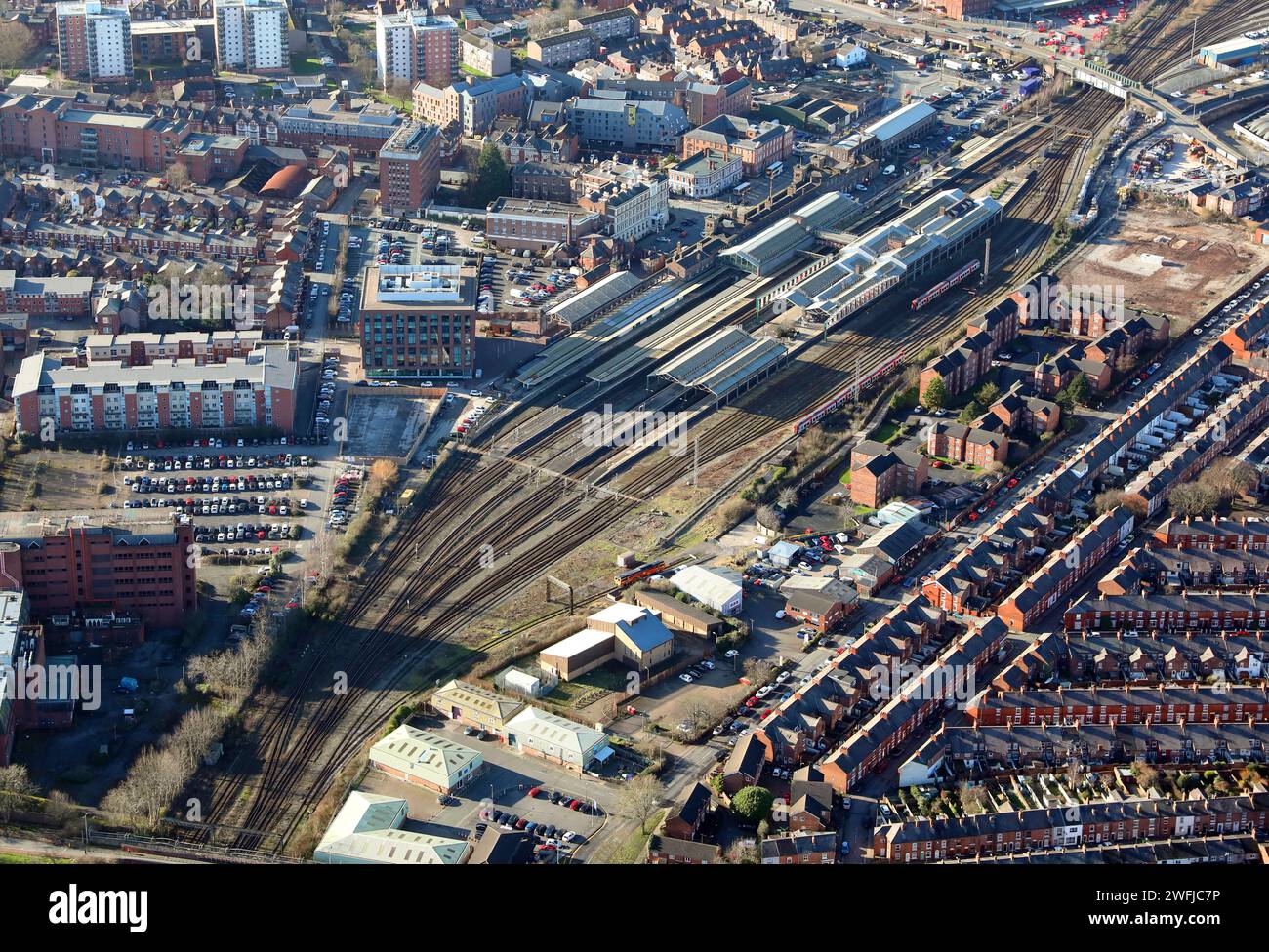 Aus der Vogelperspektive auf den Bahnhof Chester, Cheshire Stockfoto