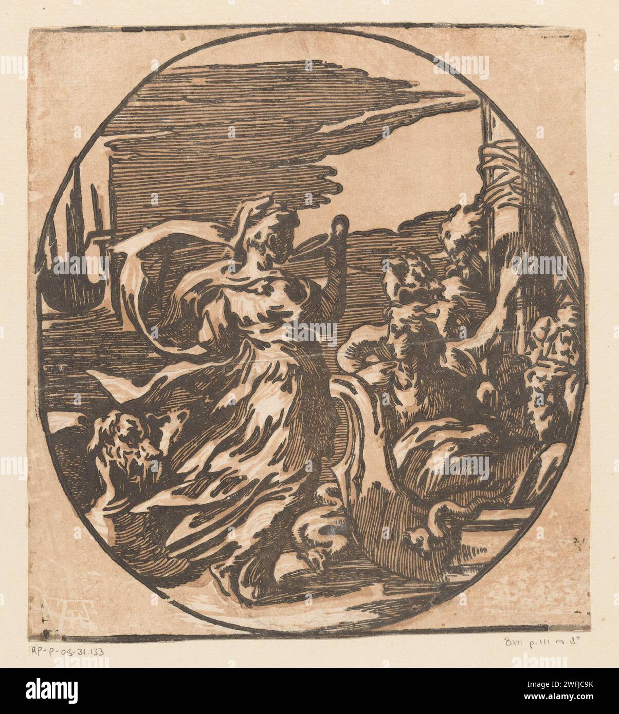 Circe Drinkend, Antonio da Trento (möglicherweise), nach Parmigianino, 1568–1629 drucken Circe trinkt aus einer Schüssel und rechts die Männer von Odysseus auf einem Schiff. Die italienische Zeitung Ulysses auf der Insel Circe (Homer, Odyssey X). Kreis. Trinken Stockfoto