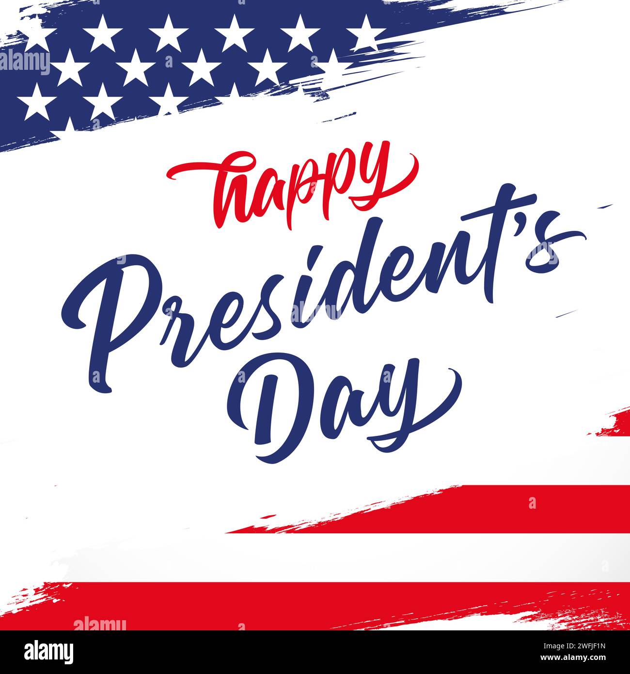 Grußkarte zum Happy Presidents Day mit Fahne und Pinselstrich Hintergrund. Holiday US, kreatives Konzept für Banner. Vektorabbildung Stock Vektor