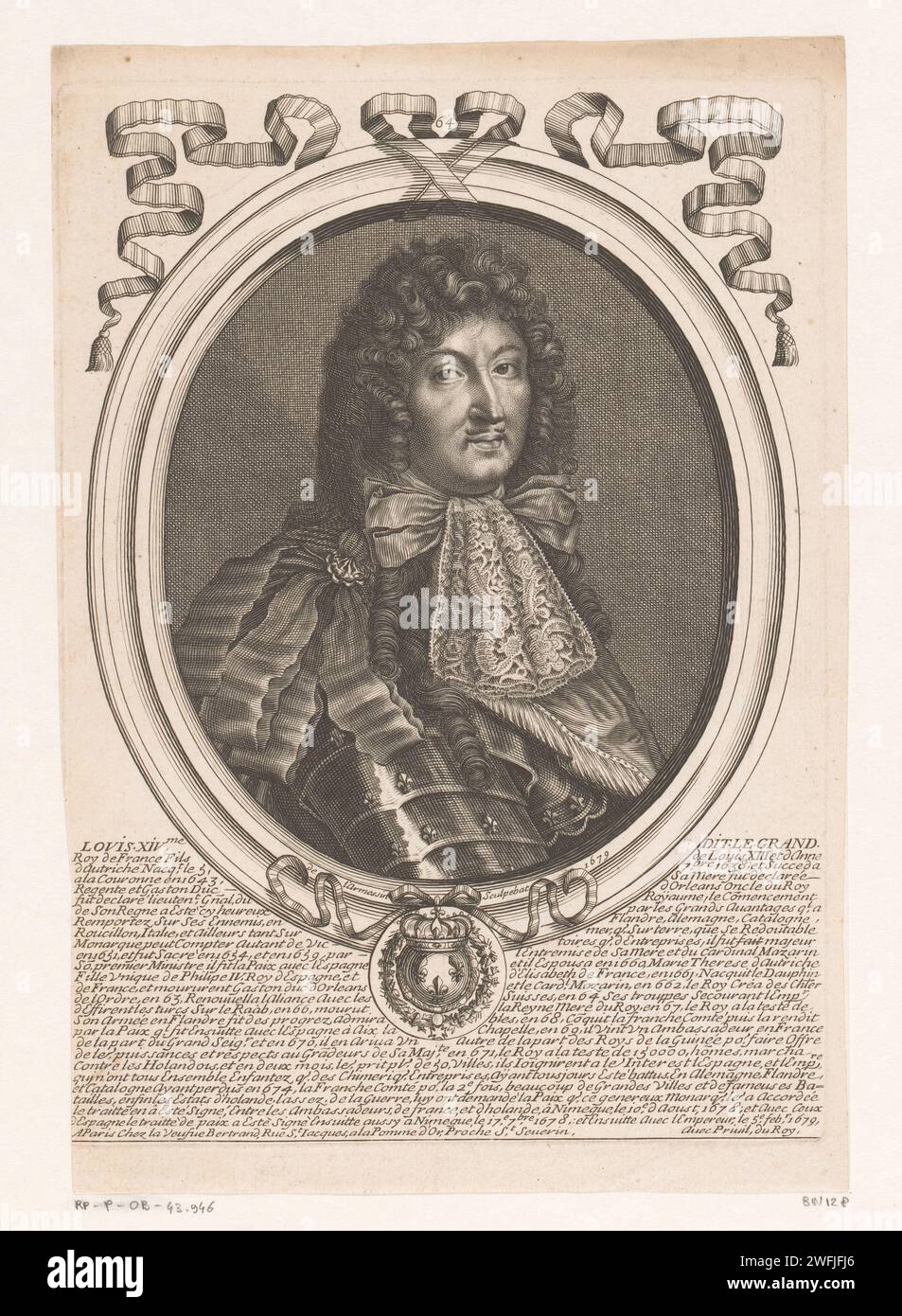 Porträt von Ludwig XIV., König von Frankreich, Nicolas de Larmessin (I), Nicolas de Larmessin (II), 1679 Druck nummeriert in der Mitte: 64. Verlag: ParisFrance Papierstich / Ätzen historischer Personen. king Stockfoto