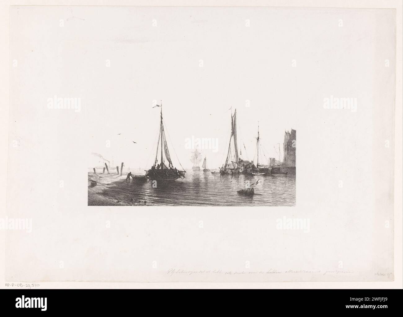 Boote am Strand und im Hafen, Petrus Paulus Schiedges (I), 1847 - 1865 drucken Segelboote am Strand und im Hafen vertäut. Im Hintergrund segeln ein Dampfschiff, ein Segelschiff und Boote auf dem Wasser. Das Haager Papier Segelschiff, Segelboot. Hafen Stockfoto