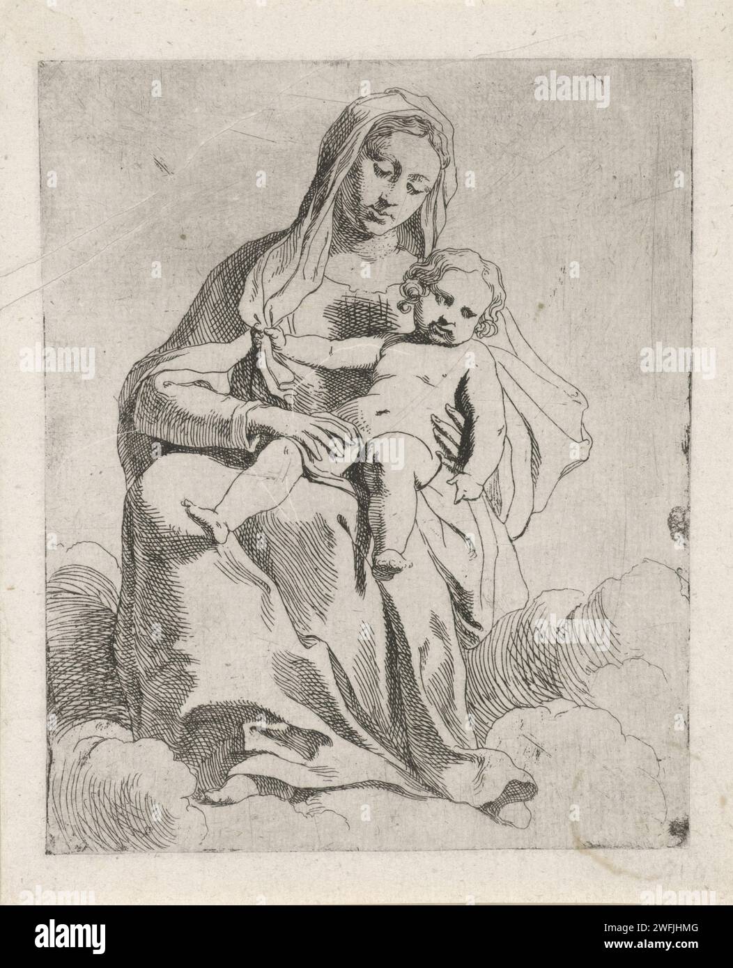 Maria mit dem Christkind, Jan de Pape, 1618–1646 Druck Maria sitzt auf den Wolken mit dem Christuskind auf ihrem Schoß. Antwerpener Papier, das Madonna ätzt: Maria sitzt auf dem Boden, das Christkind auf ihrem Schoß Stockfoto