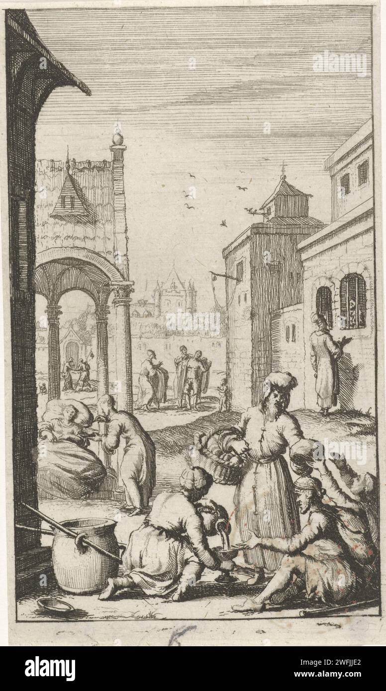 Die fünf weisen Jungfrauen tun Wohltätigkeit, Anonym, nach Jan Luyken, 1681 - 1762 Druckpapier, das die Weisen und die törichten Jungfrauen ätzt  Gleichnis von Christus (Matthäus 25:1-13) Stockfoto
