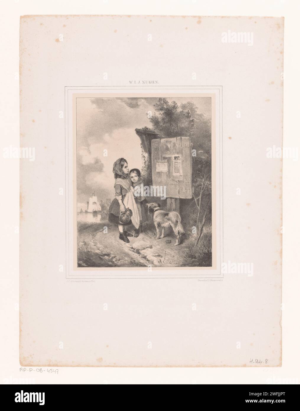 Zwei Kinder und ein Hund auf einer Landstraße, Johannes Christiaan d’Arnaud Gerkens, Wijnand Nuijen, 1833–1863 drucken das Haager Papier. Hund Stockfoto