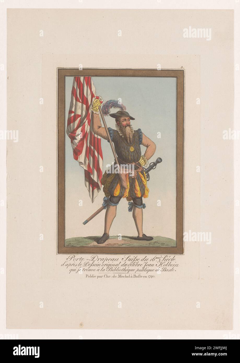 Soldat mit Fahne und Schwert, Johann Rudolph Schellenberg (möglich), Christian von Mechel, 1790 Druck Basler Papier Gravur Medaillen und andere Zeichen militärischer Ehre. Kleidung, Kostüm. (Militärische) Uniformen (+ Waffen). (Militärischer) Standardträger. Bart. (Militär-)Flaggen und Standards. Hacker- und Schubwaffen: Schwert Schweiz Stockfoto