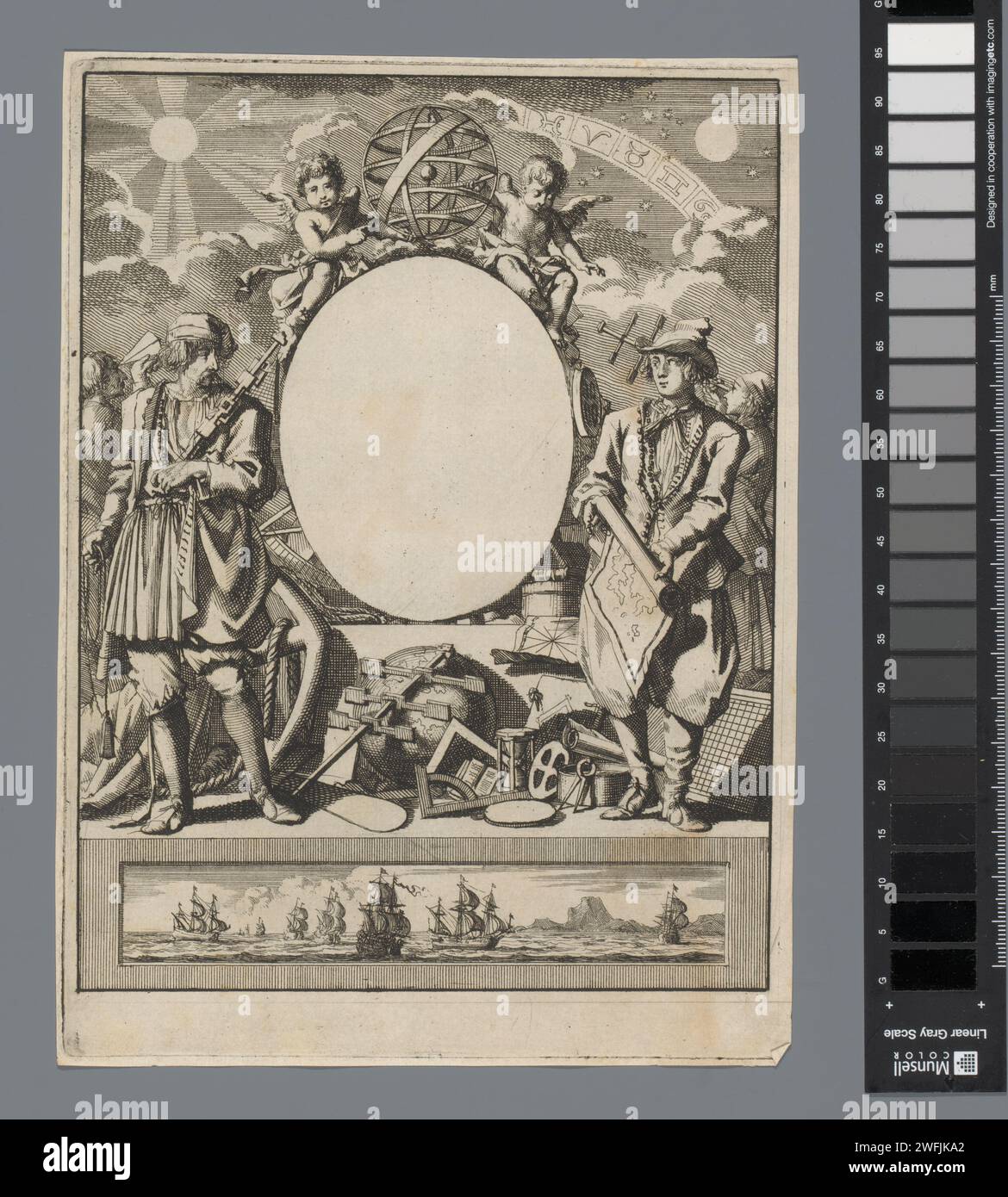 Titeldruck mit Entdeckern und ihren Werkzeugen, Jan Luyken, 1659–1712 Druckpapier-Ätzung Stockfoto