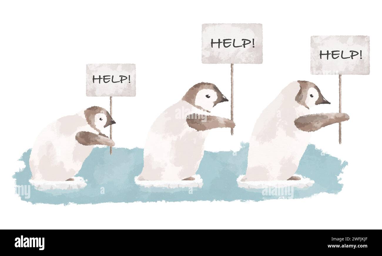Pinguingruppe auf einem schmelzenden Eisberg mit Hilfszeichen. Konzept der globalen Erwärmung. Illustration des Klimawandels. Umweltschutzkunst Stockfoto