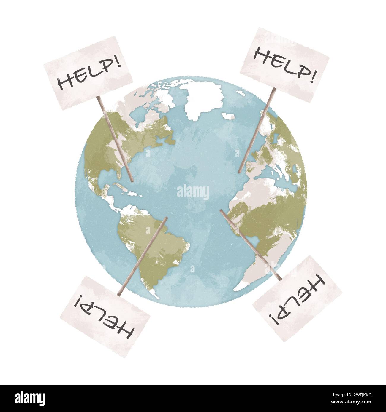 Planet Erde mit Hilfe Schild handgezeichnete Illustration. Konzept des Klimawandels. Stockfoto